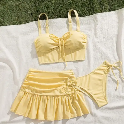 New Three-Piece Bikini Set, Ruffled Short Skirt, Adjustable Straps, Sexy Fashion Beach Party, Pool Party Contrast Bikini, Ruched Bikini Bottoms, Bikini Swimsuit Set, Bathing Suit, Summer Bikini Beach