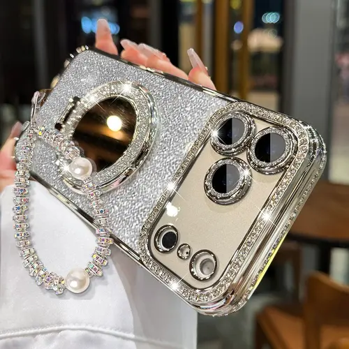 Women's Shockproof Full Body Smartphone Cover with Mirror, Handheld Stand, Shiny Frame - Protector for iPhone 12/13/14/15/16/17 Pro Max,17 Air,14/15/16 Plus Mobile Phone Accessories