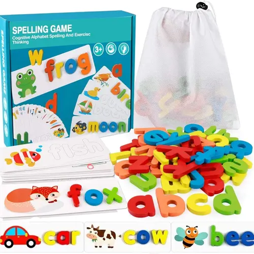 Wooden Toddler See and Spell Learning Toy, Letter Shape Cards Language Toys, 28 2-Sided Cognitive Cards with 56 Words, Alphabet Puzzle for Montessori Preschool, Toddler Learning Activities to Boost Creativity via Play