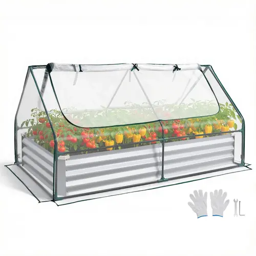 【toolupgrade】VEVOR 6x3x1 ft Rectangular Galvanized Metal Raised Garden Bed Kit, Rustproof Alu-Zinc Outdoor Landscape Box with High Light Transmission PE Greenhouse Cover & Gloves for Growing Flowers & Vegetables, Silver, Metal Raised Garden Bed Boxes
