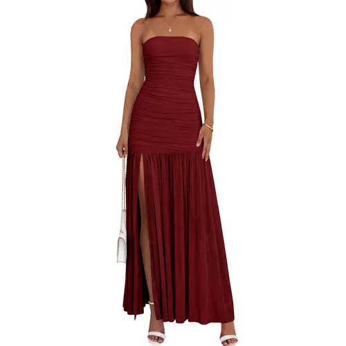 Wenrine Women's Formal Sleeveless Summer Tube Top Dress - Strapless Mesh, Ruched Patchwork, High Slit Maxi Dress for Prom, Cocktail Parties, Club Outfits