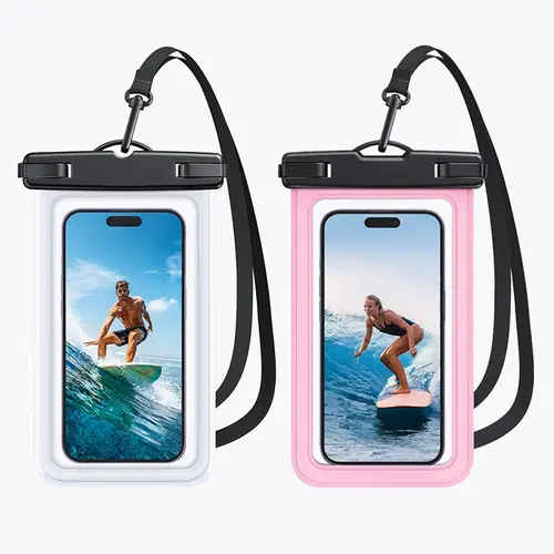 Sharkite TPU Weatherproof Smartphone Protection Case for iPhone 17/16/15/14 Pro Max - Matte + Pink Waterproof Bag, Touch Screen-Enabled, Adjustable Detachable Lanyard, Beach Water Sports Accessories (Fits Up to 8.9 in Devices)