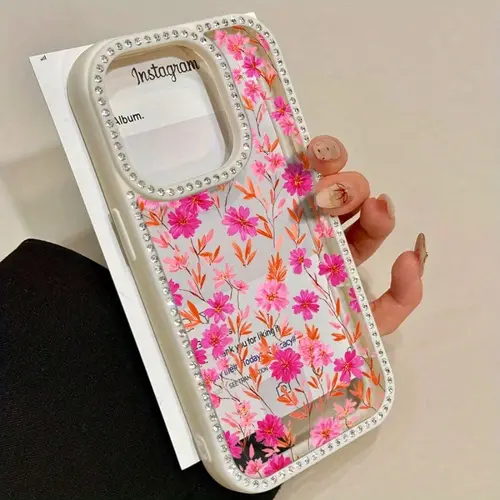 Pink Yellow Floral Double-Sided Diamond-Set 3-In-1 Mobile Phone Case for iPhone 17promax/17air 16promax 16 15 14 Plus/14  Max 13 13  12 11Promax Series Anti-Drop Anti-Fouling Soft Case Unisex with Diamond Decoration, Accessories, Anti-Slip, Iphone 17, Non