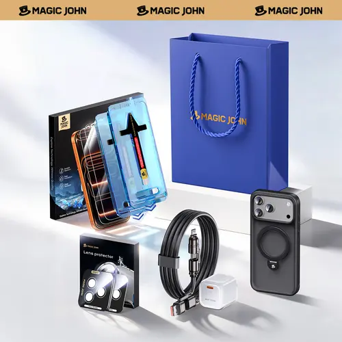 MAGICJOHN Digital Value Bundle for iPhone 17 / 16 / 15 Pro & Pro Max Includes HD or Privacy Tempered Glass Screen Protector, Camera Lens Protector, 360° Rotating Magnetic Stand Phone Case, 45W Super Fast Charger, and 65W USB-C 4-in-1