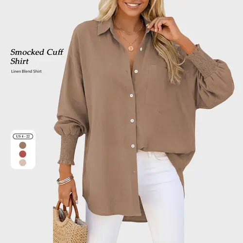 【SS26 Collection】TARSE Women Linen Shirt Smocked Cuffed Casual Collar Long Sleeve Oversized Button Down Blouse Tops Boyfriend Shirt Basic Vintage Top