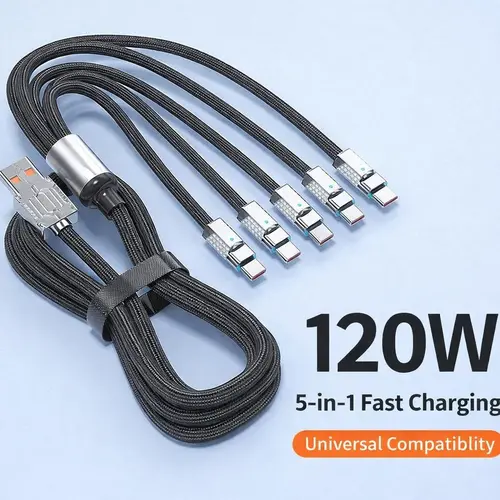5-in-1 Fast Charging Cable Compatible with iPhone, USB-C Lightning Micro USB, Up to 120W & 45W Charging Support, 5ft Universal Multi Charging Cord for iPhone, Android Phones, Tablets, Power Banks, Car & Travel Use
