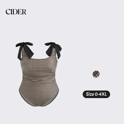 Cider Shaping Gingham Bowknot Ruched One Piece Swimsuit