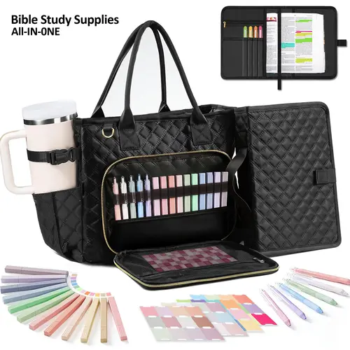 TAYTUU Women's Quilted Waterproof Bible Tote Bag - Church Shoulder Bag with Detachable Cover, Journaling Kit, 14" Padded Laptop Sleeve, Oversized Bottle Slot, Gold-Tone Zippers Add Polish, Christian Gifts, Handbags for Women