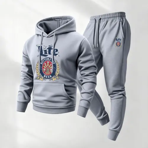 Men's American Lager Print Hoodie and Drawstring Sweatpants Set, Menswear, Casual Athletic Long Sleeve Hooded Jacket & Trousers for Fall & Winter, Men's Clothing for Daily Wear, Sportswear Indoor Outdoor, Tracksuit, Athleisure Summer Clothes