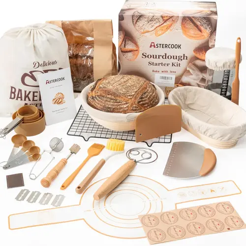 Astercook Sourdough Banneton Bread Proofing Basket Set - Holiday Baking Kit with Dough Scrapers, Round Loaf Support, Divide & Shape Aid for Better Shaping, Family Bread Making for Beginner Home Bakers (Kitchen Bakeware Supplies)