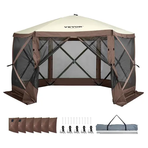 【SummerFinds】VEVOR Camping Gazebo Screen Tent, 12*12ft, 6 Sided Pop-up Canopy Shelter Tent with Mesh Windows, Portable Carry Bag, Stakes, Large Shade Tents for Outdoor Camping, Lawn and Backyard, Brown/Beige
