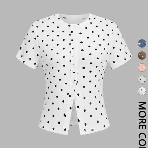 1 Piece Round Neck Short Sleeve Fitted Polka Dot Button Top, Versatile Essential for All Occasions
