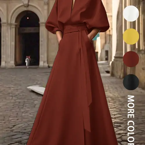 Women's V-Neck Batwing Sleeve Long Dress, Womenswear, Summer Casual A-Line Skirt with Pockets, Loose Fit Design, Versatile Fashion Chic Elegance for Various Occasions, Casual Elegant Dress, Casual Summer Clothing, Casual Classy Dress