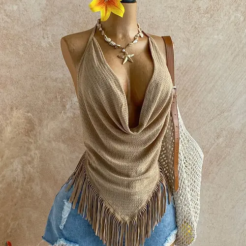 1-Piece Spring & Summer Khaki Fringe Halter Top Womenswear - Deep V Open Back Boho Fashion Casual Bohemian Cowgirl Style for Music Festivals and Vacation Outings Casual Sleeveless Tops Boho Sleeveless