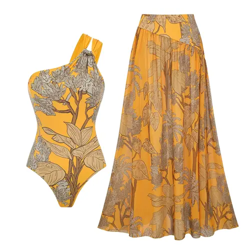 FLAXMAKER Women's One Shoulder One Piece Swimsuit with Matching Cover Up Skirt Set, Yellow Plant Print Bathing Suit, Summer Beachwear, Stylish Swimdress