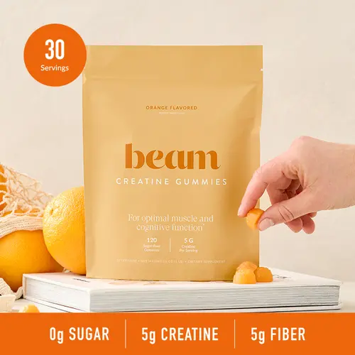 Beam Creatine Chewable Gummies - 30 Servings (120 Gummies), Orange Flavor, 5g Creatine + 5g Fiber, Sugar-Free Dietary Natural Supplements, Fitness Support, Body Goal Boost, All Levels Brain Health Aid  | Back to School