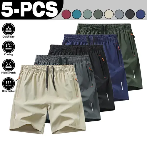 Men's Casual Athletic Shorts 5-Pack Comfortable & Breathable for Everyday Wear men's shorts Breathable Solid Color Zipper Shorts Quick Dry Breathable Sport Shorts Set,summerwins