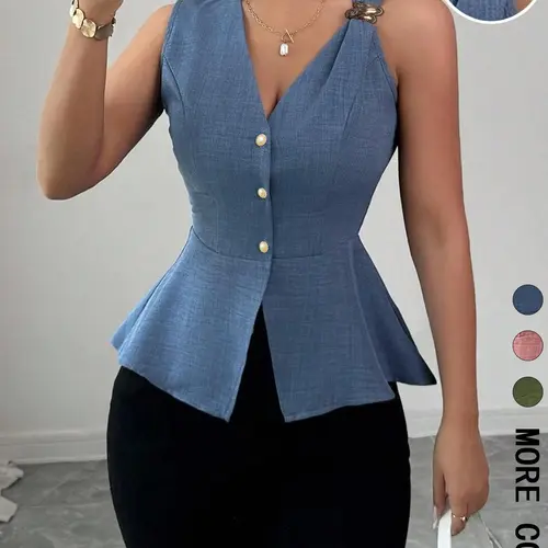 Women's Solid Color V-Neck Sleeveless Blouse Shirt, Button Front Top, Metal Buckle Detail, Peplum Hem, Waist-Flattering Cut, Fit, Breathable Fabric, Office & Casual Summer Wear, Elegant Tailored Style, Womenswear Top，1 Piece