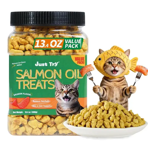 13.4 oz Feline Grass Soft Chew Treats, Kitten-Friendly Salmon Oil Boost, Natural Salmon Flavor, Training Biscuits for Cats, Joint Support & Skin & Coat Health Supplements,#sohochic
