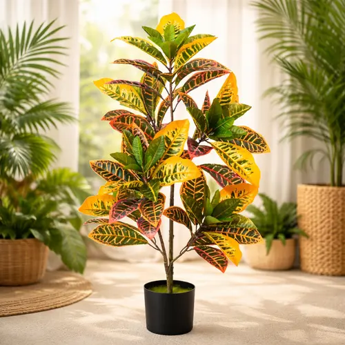3-Foot UV-Rated Artificial Croton Palm Bush Potted Plant, Indoor-Outdoor Decor for Room Decor, Artificial Plants with Flower & Leaf Accents