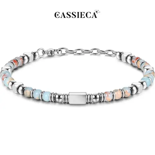 CASSIECA Beaded Bracelets for Women Men Stainless Steel Bracelet Pink Crystal Obsidian Tiger Eye Friendship Anxiety Silver Bracelet Turquoise Jewellery 4MM Summervibes