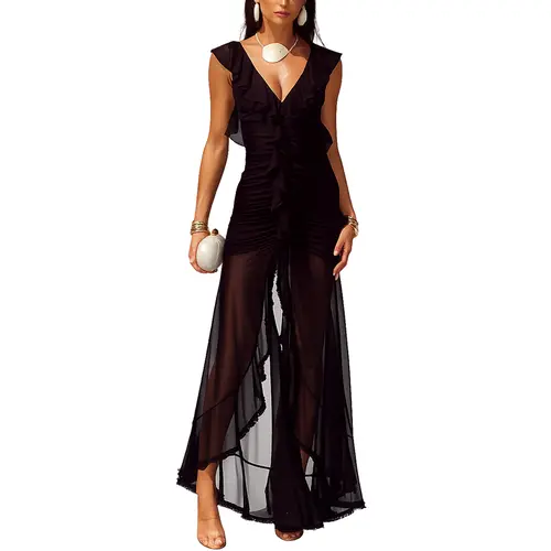 Aprilake Women's Sexy V Neck Bodycon Ruched Frill Ruffle Hem Sheer Mesh Long Maxi Cocktail Evening Dress