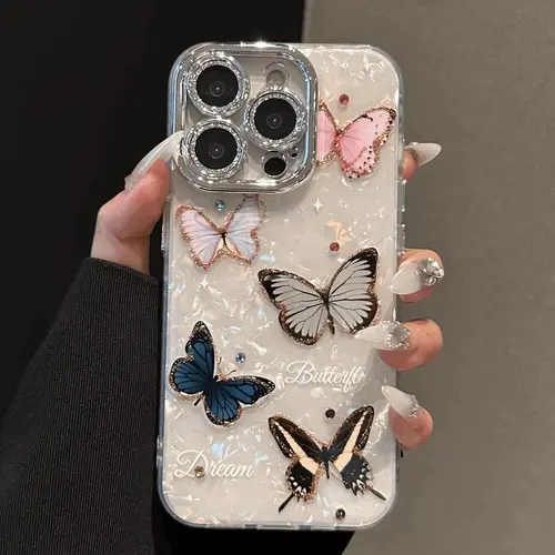 Butterflies Insect Design Plastic Shockproof Smartphone Case with Lens Frame for iPhone 11-17 & iPhone 16 Pro Series, Protective Cellphone Accessories for sohochic