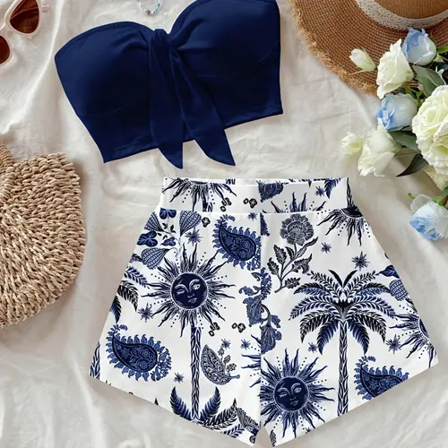 Women's Island Vacation Coconut Tree & Sun God Jasmine Print Two-Piece Set, Perfect for Holiday, Fashionable Wear, Slim-Fitting Tops, Summer