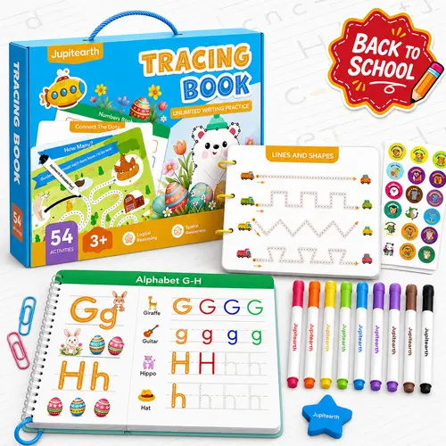 【Deals For You Days】JUPITEARTH Reusable Preschool Learning Kit, Kids Handwriting Workbook, Early Elementary School Supplies, 54 Fun Practice Pages, 6 Loose-Leaf Rings, Math-Words-Drawing Activities, Great Gift, Teaching Supplies, Classroom Supplies tiktok