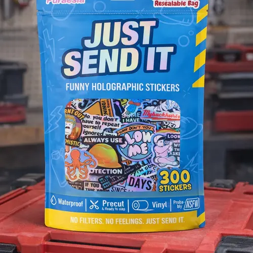 "Just Send It" Holographic Vinyl Hard Hat Stickers - 300-Pack Funny Adult Humor Blue Collar Stickers, Ultra-Clear Printing Waterproof Labels for Helmets, Toolboxes, Office Use, Gift for Boyfriends, Dads, Coworkers