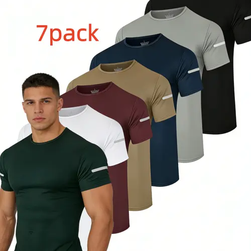 7pcs Men's Solid Crew Neck Short Sleeve T-Shirts, Breathable Quick-Dry Sports Tops With Reflective Strips Design, Suitable Fir Running And Fitness, Outdoor Cloth  Men Muscle Men's T-Shirts Fitness Shirts for Men Athletic T-Shirts  Activewear Shirts