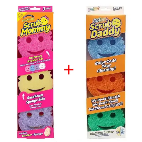 Scrub Daddy Sponge Set - 3 Daddy & 3 Mommy Kitchen Sponges & Scouring Pads, BPA-Free Polymer Foam, Scratch-Resistant Kitchen Accessories, Stain-Odor Resistant for Dishes & Household Items