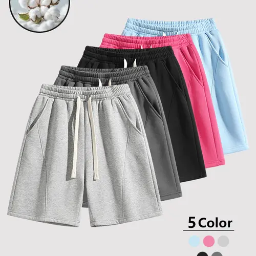 Men's summer solid color casual sports shorts with drawstring side pockets at the waist - soft, breathable, skin friendly and comfortable, suitable for daily outdoor activities as casual five quarter shorts