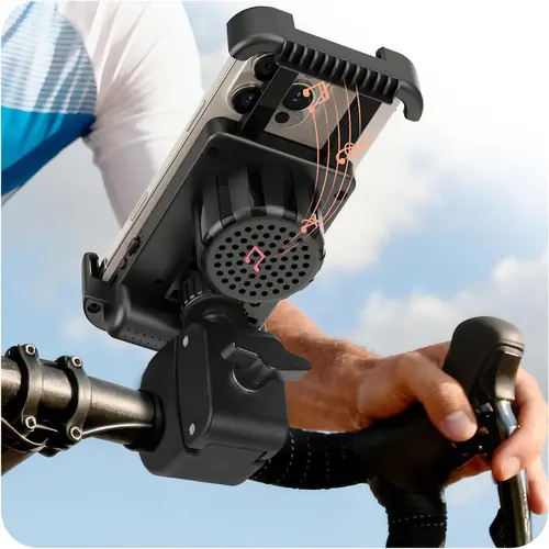 RHYONLIN Bluetooth Bike & Motorcycle Speaker with Adjustable Phone Holder Accessories, Smartphone/Cellphone/Mobile Handlebar Clamp Mount, Fits 4.7-6.8" Phones Including iPhone 16/15/14/13/12 Pro Max Plus, for Scooters, Music