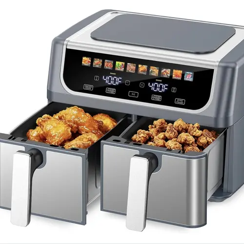 9.5QT Dual Basket Air Fryer for Family Meals, Large Double Air Fryer with Independent Temp Control & Sync Finish, 10-in-1 Presets for Bake, Broil, Dehydrate & More, Grey/Black