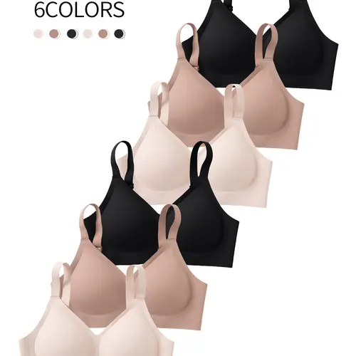 6pack set of solid color seamless women's bras, sizes XS-XL, Daily casual workwear, comfortable skin-friendly, with padded cups, four-row three-hook closure, Supportive shaping, yoga sports-style, beautiful back, Non wire bra, Solid backless bra