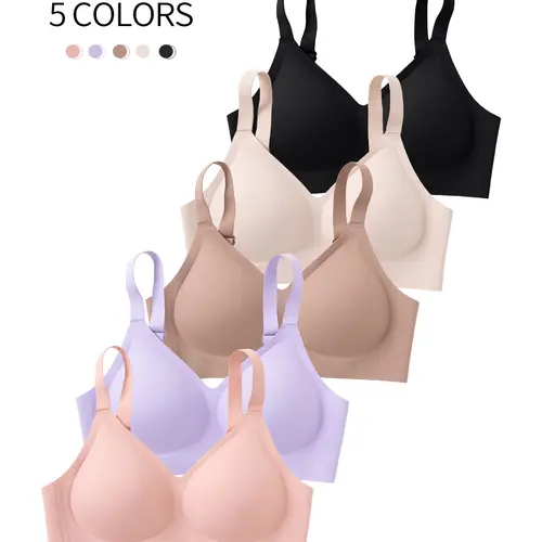 5 Pack solid color seamless women's underwear XS-XL, daily casual wear, skin-friendly, Seamless Wireless Supportive, padded bra with four-row three-hook closure, supportive, yoga sports back, Wirefree Bras