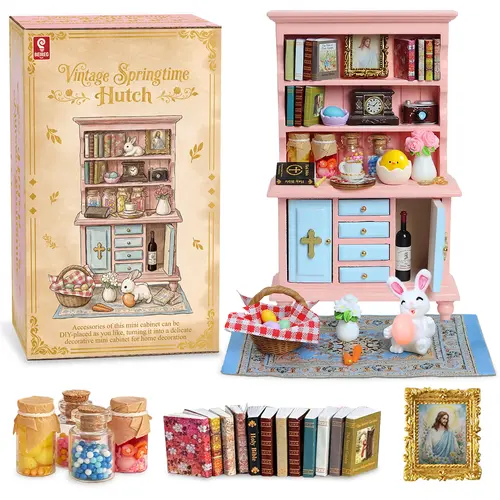 BEIREG Vintage Springtime 1:12 Scale Unisex Dollhouse Hutch Set - 40 Wooden Bookshelf Mini Accessories (Books, Flowers, Rabbits, Baskets, Coffee Cups, Scissors, Easter Eggs) for 6+ Ages, Birthday Creative Imaginative Play Decoration Gifts