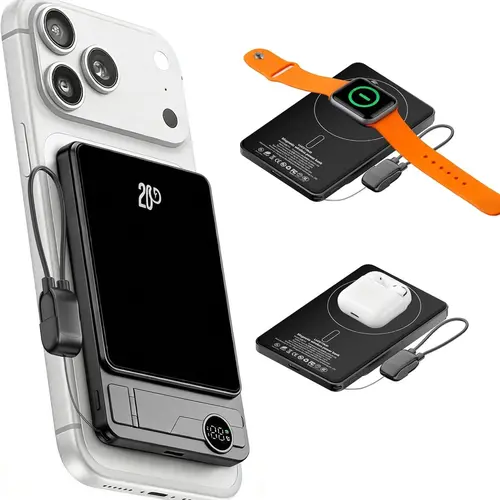 3-in-1 Folding Chargeable Portable Power Bank with Integrated Cable,Apple Watch Wireless Charging, Foldable Phone Stand -Compact FastCharge Mobile Phone Accessory for iPhone & Android SmartphonesS18,back to school,back to school haul