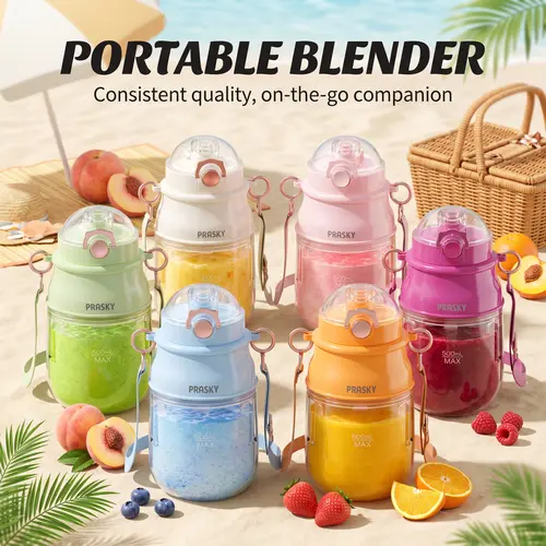 PRASKY Portable Multifunctional Juicer Blender - Shake Machine, Smoothie Maker, Citrus Juicer, 27oz Compact BPA-Free, 70W USB-C Rechargeable with USB Port, Lid, Shoulder Strap, Safety Lock, Dishwasher-Safe Parts, Ideal for Gym, Travel, Personal Blender