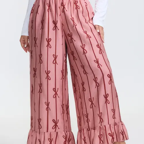 BLOOMCHIC Women's Plus Size Lounge Pants,Pajama Pants with Supersoft Nylon Geometric Striped Casual Pants with Smooth Fabric and Pocket,Cute Bow Print Lounge Pants,High Waist Relaxed Fit,Soft Summer Vacation ,Summerfinds