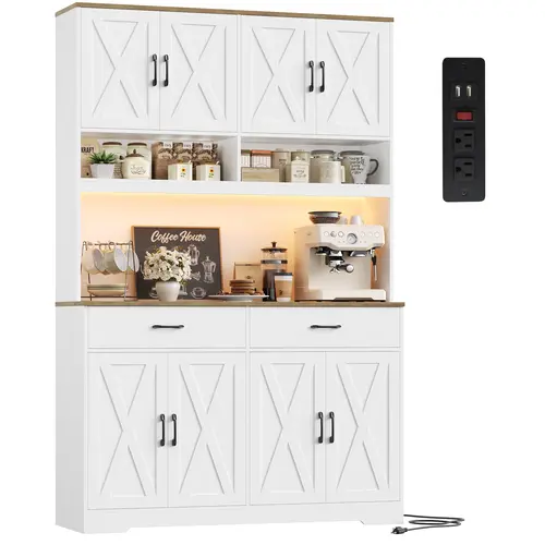 【2 packages shipping】HOSTACK Modern Farmhouse Pantry Cabinet, 75" Tall Kitchen Pantry Storage Cabinet with Charging Station, RGB LED Light, Multi-Purpose Kitchen Storage Hutch Cabinets with Adjustable Shelves,dorm essentials,home decor