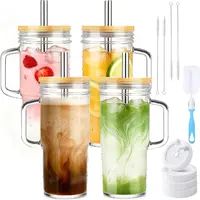4-Pack 24oz Slim Washable Reusable Glass Tumblers - Bamboo Lids, Stainless Steel Straws, Handles, Cup Set - Large Ice Cold Drinkware for Iced Coffee, Boba, Cocktails, Tea