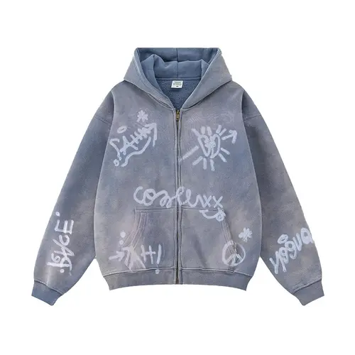 Inflation Men's Casual Long Sleeve 360g Fleece-Lined Washed Graphic Hoodie - Oversized Zip-Up Streetwear Clothing, 2026 Autumn Winter New Jacket Sweatshirt Top  Zip Up Hoodies, Graphic Hoodies