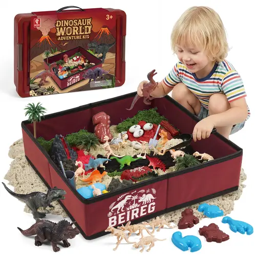 BEIREG Unisex Dinosaur Sensory Bin Toy Kit - Foldable Plastic Storage Bin with Lid, 2lb Play Sand, 60+ Accessories: 11 Dinosaur Figures, Molds, Volcano Pieces, Eggs, River Rocks, Archaeology Tools, Magnifying Glass for Kids Ages 3+ (Palm Trees Included)