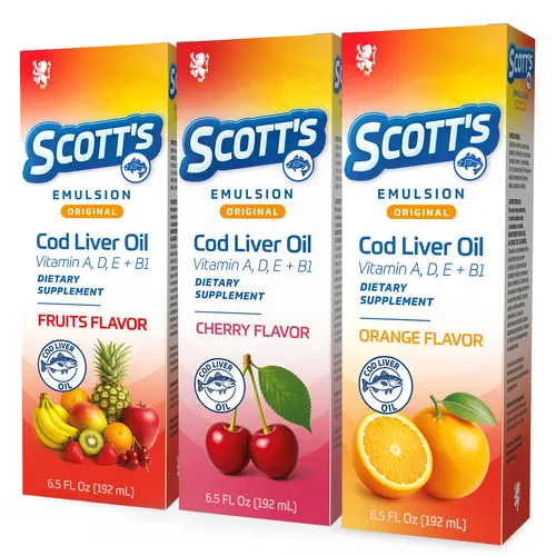 Scott's Emulsion Vitamin Variety Pack - 3-Count Edible Liquid Dietary Supplement (6.5 Fl Oz Each, Strawberry, Banana, Cherry, Orange Flavors) for Children, Immune Boost, Fish-Sourced Omegas, Heart Health, Brain Support, Minerals, Nicotine-Free Formula