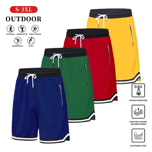 Men's Loose-Fit Athletic Gym Shorts - 100% Polyester Mesh, Plain, Quick-Dry, Stretchy, Above-Knee Cut with Zipper Pockets