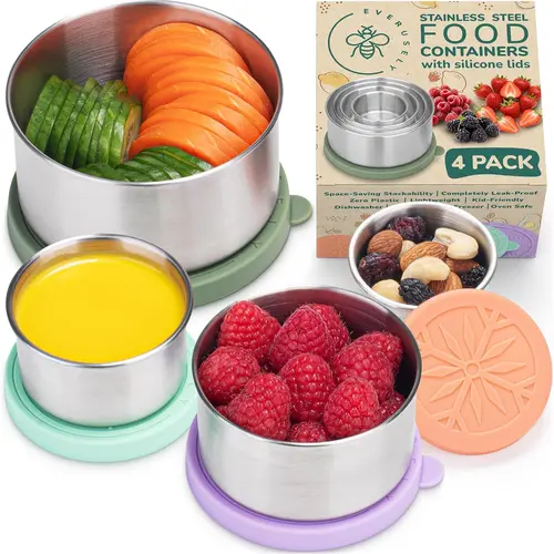 EVERUSELY Stackable Reusable Stainless Steel Kitchen Storage Containers Set - 4-Pack 4 Sizes, Airtight Leakproof Silicone Lids, Color-Coded, Food-Safe, Dishwasher/Freezer Safe, Meal Prep/Lunch Containers for Fridge Organization & Packing Lunch for Kids, M