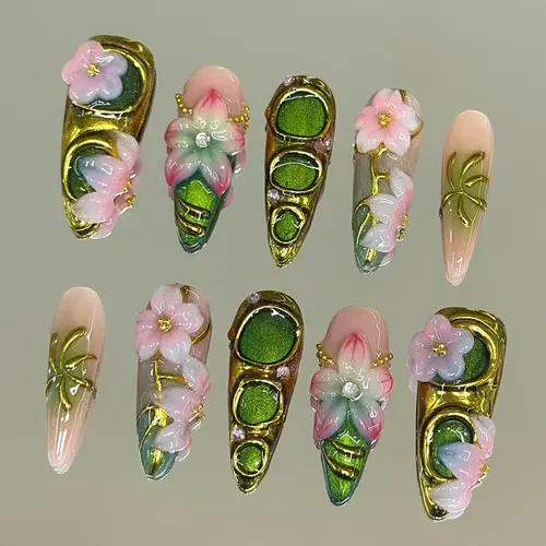 NailVesta JADE BLOSSOM – 100% Handcrafted 3D Press-On Nails | Reusable, Long-Lasting, Salon-Quality