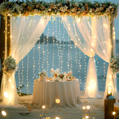 Dainty 5×10ft Collapsible Solid Polyester Sheer Tulle Wall Hanging Backdrop Curtain Set - Pocket-Included, Layered Opacity, Sheer Look, with Party Lights, for Wedding Photo Shoot, Christmas Decor, Halloween Home Supplies